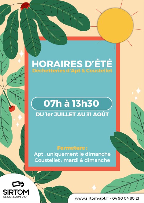 HORAIRES D&rsquo;ÉTÉ DANS LES DÉCHETTERIES D&rsquo;APT ET DE COUSTELLET